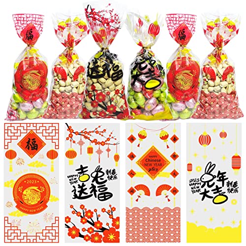 100 Pcs Chinese New Year Gift Bags, 4 Designs Chinese New Year Goodie Bags Lunar New Year Spring Festival Year of the Rabbit Cellophane Treat Candy Favor Red Bags for Chinese New Year 2023 Decorations and Party Supplies