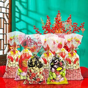 100 Pcs Chinese New Year Gift Bags, 4 Designs Chinese New Year Goodie Bags Lunar New Year Spring Festival Year of the Rabbit Cellophane Treat Candy Favor Red Bags for Chinese New Year 2023 Decorations and Party Supplies