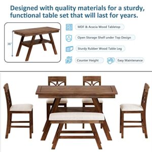 KLMM Modern Rustic 6 Piece Solid Wood Table Top Height Dining Set with Storage Shelf, Kitchen Table Set with Bench and 4 Chairs (Walnut#L-)