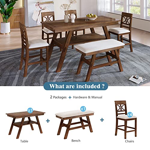 KLMM Modern Rustic 6 Piece Solid Wood Table Top Height Dining Set with Storage Shelf, Kitchen Table Set with Bench and 4 Chairs (Walnut#L-)