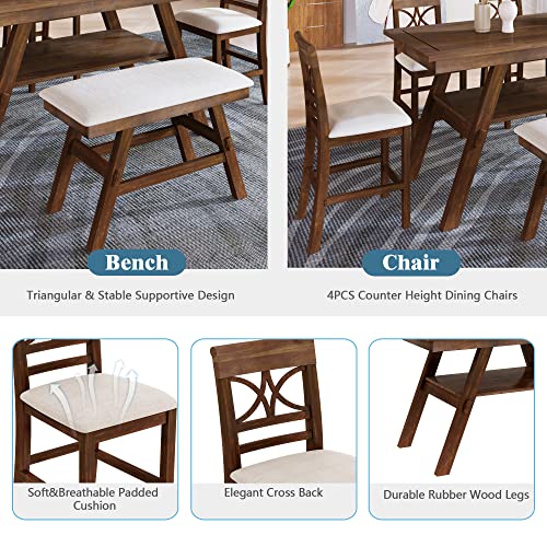 KLMM Modern Rustic 6 Piece Solid Wood Table Top Height Dining Set with Storage Shelf, Kitchen Table Set with Bench and 4 Chairs (Walnut#L-)