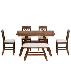 KLMM Modern Rustic 6 Piece Solid Wood Table Top Height Dining Set with Storage Shelf, Kitchen Table Set with Bench and 4 Chairs (Walnut#L-)