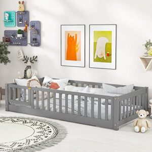 twin size floor platform bed with fence, wooden playpen bed for kids, kids fence bed with door, no box spring needed (grey)