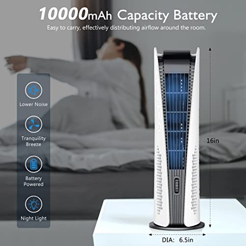 SISMEL Bladeless Tower Fan, 10000mAh Battery Operated Portable Fan with 3 Speeds, Timer, Night Light, LED Display, 16" Small Quiet Oscillating Desk Fan for Bedroom, Office, Camping (White)
