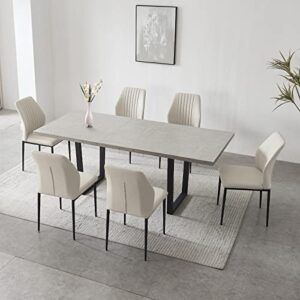 zckycine modern mid-century dining table set for 6-8 people kitchen room table extendable solid wood table and 6 upholstered chairs, home furniture (table + 6 beige chairs) grey (fat2003)
