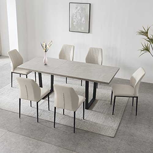 ZckyCine Modern Mid-Century Dining Table Set for 6-8 People Kitchen Room Table Extendable Solid Wood Table and 6 Upholstered Chairs, Home Furniture (Table + 6 Beige Chairs) Grey (FAT2003)