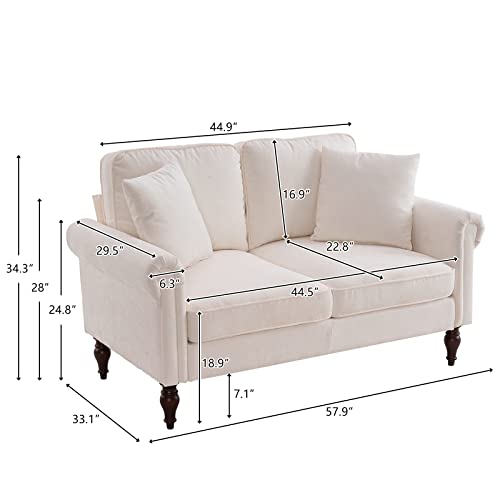 Chenille Upholstered Sofa XL Deep Seat, Single Sofa Chair/2 Seats Loveseat Couch, Rolled Armrest Solid Wood Gourd Feet Modern Accent Sofas & Couches (Beige, Sofa 2-Seater with 2 Pillows)