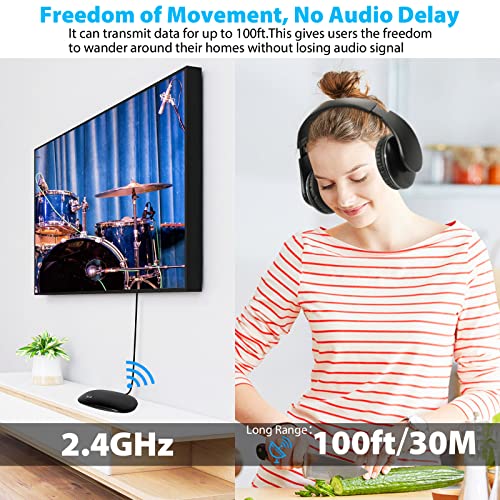 ASTSH TV Headphones Wireless Folding Headphones for TV with 2.4GHz RF Transmitter Support Optical RCA AUX, 100ft Range No Audio Delay, Ideal for TV Watching & Seniors