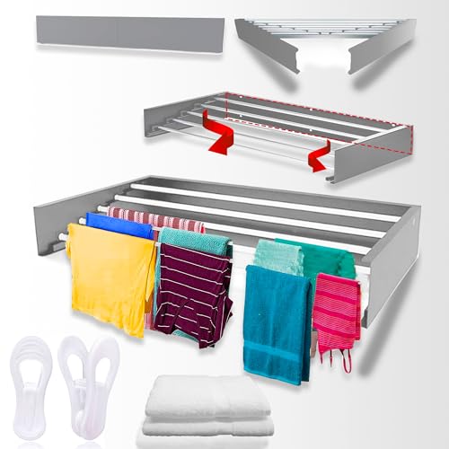 SCAR EMPIRE Space Saver Wall Mounted Drying Rack Holds 60 lbs Capacity - Stainless Steel Laundry Drying Rack Foldable - Sweater, Towel, Clothes Drying Rack Wall Mounted For Indoor & Outdoor Use (Gray)