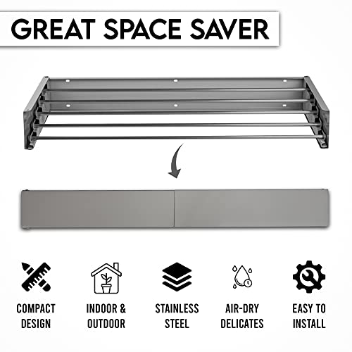 SCAR EMPIRE Space Saver Wall Mounted Drying Rack Holds 60 lbs Capacity - Stainless Steel Laundry Drying Rack Foldable - Sweater, Towel, Clothes Drying Rack Wall Mounted For Indoor & Outdoor Use (Gray)