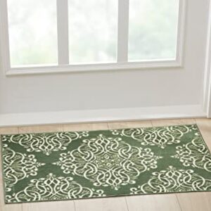 Dream Home | Medallion Collection | Green Damask Polyester Scatter Rug, 20" x 34"