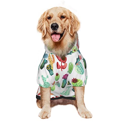 Large Dog Hoodie Watercolor-Cactus-Succulents Pet Clothes Sweater with Hat Soft Cat Outfit Coat Medium