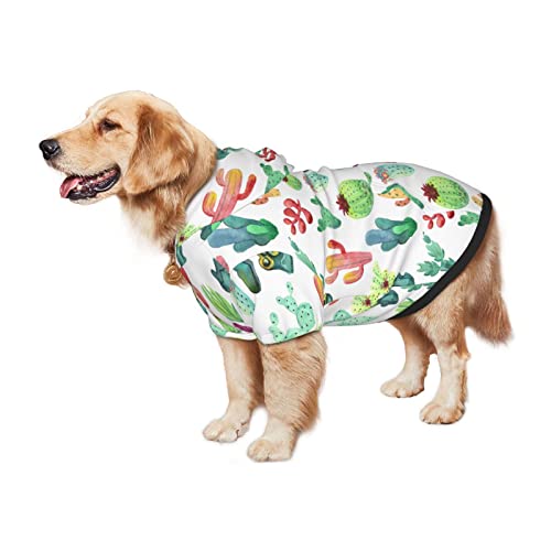 Large Dog Hoodie Watercolor-Cactus-Succulents Pet Clothes Sweater with Hat Soft Cat Outfit Coat Medium