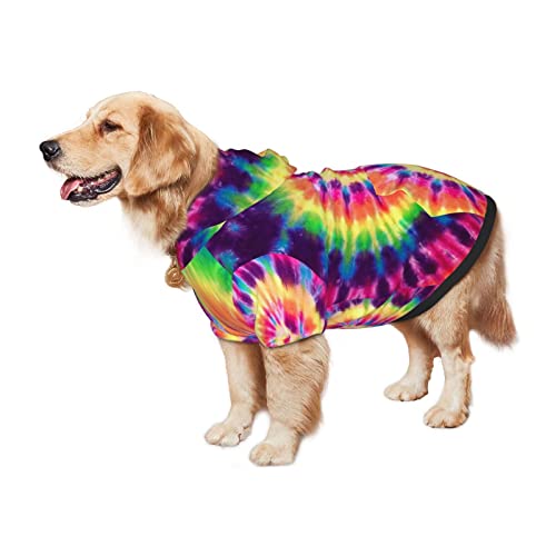 Large Dog Hoodie Rainbow-Spin-Tie-Dye Pet Clothes Sweater with Hat Soft Cat Outfit Coat Xx-Large