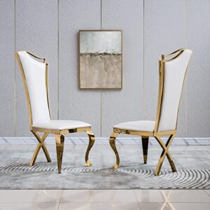 Goderfuu Dining Chairs Set of 6 - Kitchen Dining Room Chairs White Leather Dining Chairs with High Gloss Stainless Steel Gold Legs, Modern Dining Chairs Kitchen Chairs White Accent Chairs Side Chairs