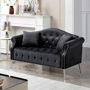 calabash 59.4" settee loveseat upholstered chesterfield love seat button tufted sofa couch with nailhead trimming rolled arms with 2 pillows for bedroom (black, loveseat)