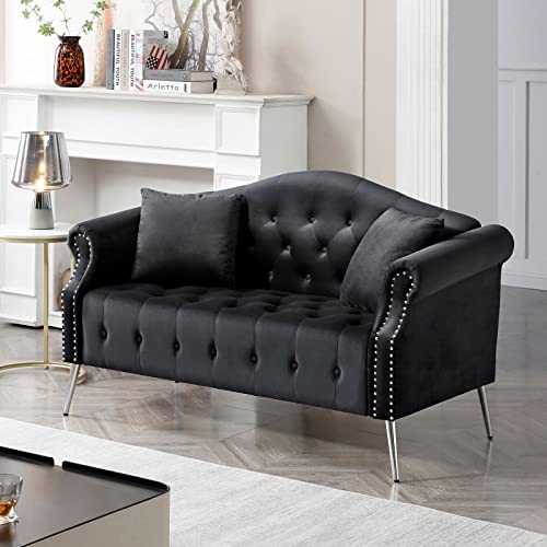 CALABASH 59.4" Settee Loveseat Upholstered Chesterfield Love Seat Button Tufted Sofa Couch with Nailhead Trimming Rolled Arms with 2 Pillows for Bedroom (Black, Loveseat)