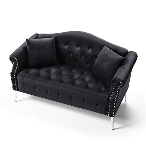 CALABASH 59.4" Settee Loveseat Upholstered Chesterfield Love Seat Button Tufted Sofa Couch with Nailhead Trimming Rolled Arms with 2 Pillows for Bedroom (Black, Loveseat)