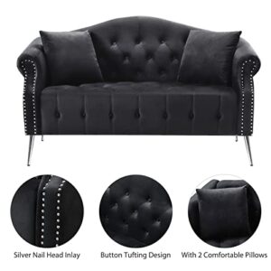 CALABASH 59.4" Settee Loveseat Upholstered Chesterfield Love Seat Button Tufted Sofa Couch with Nailhead Trimming Rolled Arms with 2 Pillows for Bedroom (Black, Loveseat)