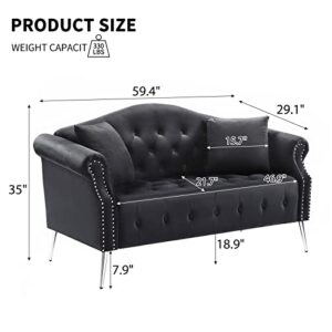 CALABASH 59.4" Settee Loveseat Upholstered Chesterfield Love Seat Button Tufted Sofa Couch with Nailhead Trimming Rolled Arms with 2 Pillows for Bedroom (Black, Loveseat)