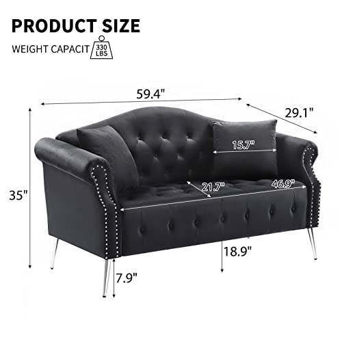 CALABASH 59.4" Settee Loveseat Upholstered Chesterfield Love Seat Button Tufted Sofa Couch with Nailhead Trimming Rolled Arms with 2 Pillows for Bedroom (Black, Loveseat)