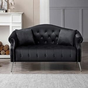 CALABASH 59.4" Settee Loveseat Upholstered Chesterfield Love Seat Button Tufted Sofa Couch with Nailhead Trimming Rolled Arms with 2 Pillows for Bedroom (Black, Loveseat)