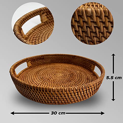 Rattan Tray, Wicker Tray, Rattan Decor, Round Tray, Serving Tray, Decorative Tray, Ottoman Tray, Coffee Table Tray, Includes Eucalyptus Leaves with Stems of 18",Wooden Tray (11.8" x 2.4 ")