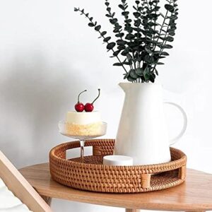 Rattan Tray, Wicker Tray, Rattan Decor, Round Tray, Serving Tray, Decorative Tray, Ottoman Tray, Coffee Table Tray, Includes Eucalyptus Leaves with Stems of 18",Wooden Tray (11.8" x 2.4 ")