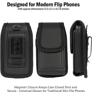 Black Vegan Leather Vertical Pouch Case for Alcatel Go Flip V, Go Flip 4, TCL Flip Pro Flip Go TCL Classic, Cingular Flip 2 3 4, Nokia 2720 V 2760 Flip Phone Case [with Belt Loop, Magnetic Closure]