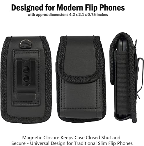 Black Vegan Leather Vertical Pouch Case for Alcatel Go Flip V, Go Flip 4, TCL Flip Pro Flip Go TCL Classic, Cingular Flip 2 3 4, Nokia 2720 V 2760 Flip Phone Case [with Belt Loop, Magnetic Closure]