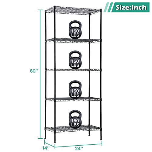 BLKMTY 5-Tier Wire Shelving Metal Shelf Unit Storage Shelves Adjustable Height NSF Shelving Rack Strong Steel for Restaurant Bathroom Garage Pantry Kitchen Garage 14" D x 24" W x 60" H，Black