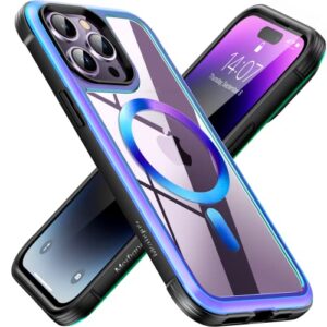 meifigno rainbow series for iphone 14 pro max case [magsafe compatible & 3x mil-grd drop protection], aluminum frame with clear back for iphone 14 pro max phone case magnetic 6.7", iridescent