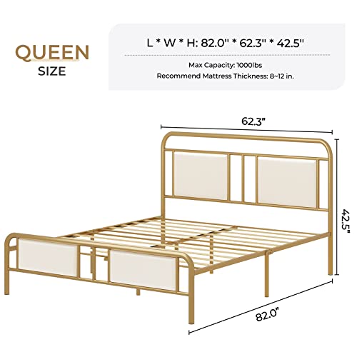 Hasuit Queen Size Bed Frame with Tufted Upholstered Oval Headboard, Heavy Duty Golden Metal Bed Frame Metal with Wooden Slats, Easy Assembly, No Box Spring Needed
