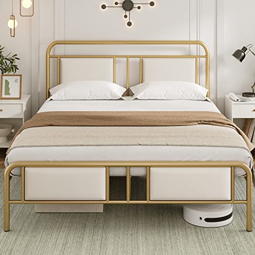 Hasuit Queen Size Bed Frame with Tufted Upholstered Oval Headboard, Heavy Duty Golden Metal Bed Frame Metal with Wooden Slats, Easy Assembly, No Box Spring Needed