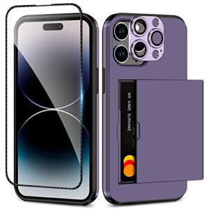samonpow for iphone 14 pro case with screen protector & camera cover 4-in-1 full body hybrid iphone 14 pro protective case wallet card holder shockproof bumper cover for iphone 14 pro for women men