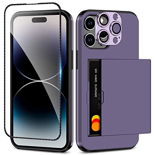 SAMONPOW for iPhone 14 Pro Case with Screen Protector & Camera Cover 4-in-1 Full Body Hybrid iPhone 14 Pro Protective Case Wallet Card Holder Shockproof Bumper Cover for iPhone 14 Pro for Women Men