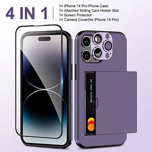 SAMONPOW for iPhone 14 Pro Case with Screen Protector & Camera Cover 4-in-1 Full Body Hybrid iPhone 14 Pro Protective Case Wallet Card Holder Shockproof Bumper Cover for iPhone 14 Pro for Women Men