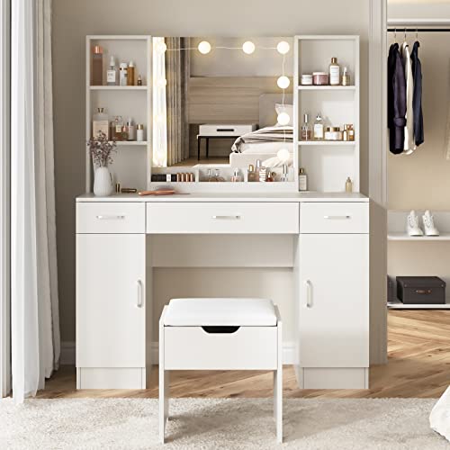 Vabches Makeup Vanity Desk with Lights, 3 Lighting Colors, White Vanity Set Makeup Table with 3 Drawers, 2 Cabinets & Multiple Shelves, Large Vanity 45.2in(L)
