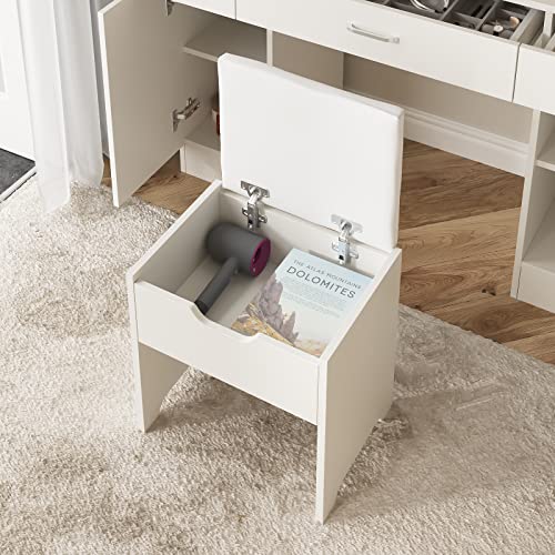 Vabches Makeup Vanity Desk with Lights, 3 Lighting Colors, White Vanity Set Makeup Table with 3 Drawers, 2 Cabinets & Multiple Shelves, Large Vanity 45.2in(L)