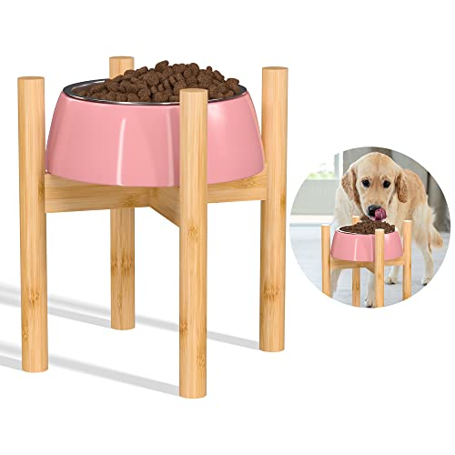 Tall Elevated Stand Raised Dog Bowl for Large Dogs 8-inch Single Dog Food and Water Bowl Stand Bamboo Dog Food Bowls Slow Feeder Stand