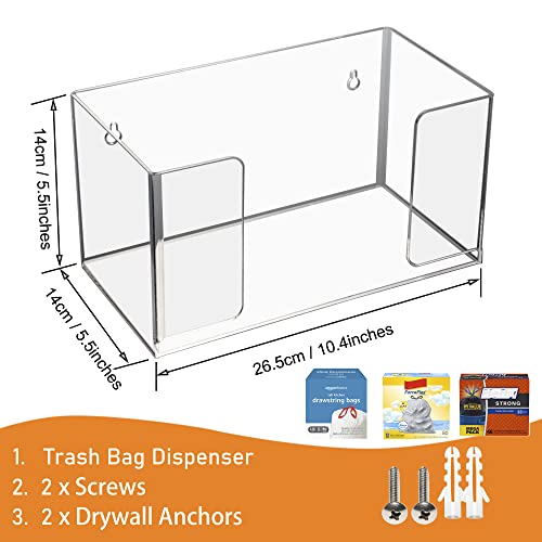 SEANADO Trash Bag Dispenser Roll Holder, Wall Mount Acrylic Kitchen Organizer Storage Box Holder for Garbage Bag Grocery Bag Plastic Shopping Bag Roll Container (10.4 x 5.5 x 5.5 inches)