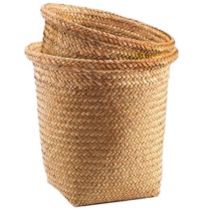 artibetter 2pcs seagrass waste basket woven trash can garbage container bin wicker rattan laundry hamper plant pot holder sundries storage basket for kitchen bathroom home office