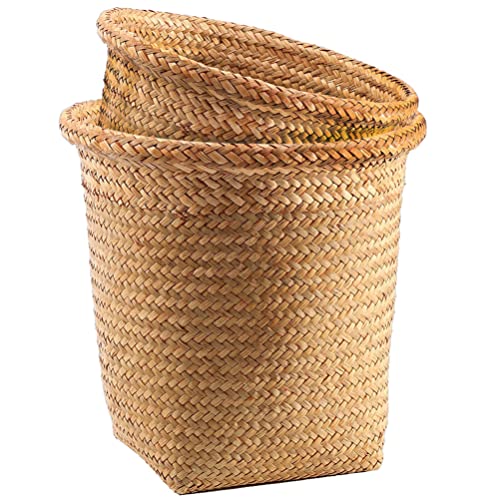 ARTIBETTER 2pcs Seagrass Waste Basket Woven Trash Can Garbage Container Bin Wicker Rattan Laundry Hamper Plant Pot Holder Sundries Storage Basket for Kitchen Bathroom Home Office