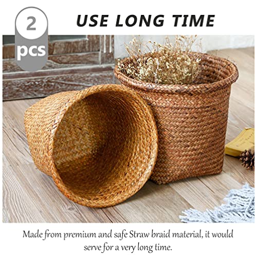 ARTIBETTER 2pcs Seagrass Waste Basket Woven Trash Can Garbage Container Bin Wicker Rattan Laundry Hamper Plant Pot Holder Sundries Storage Basket for Kitchen Bathroom Home Office