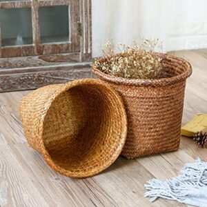 ARTIBETTER 2pcs Seagrass Waste Basket Woven Trash Can Garbage Container Bin Wicker Rattan Laundry Hamper Plant Pot Holder Sundries Storage Basket for Kitchen Bathroom Home Office