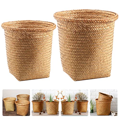 ARTIBETTER 2pcs Seagrass Waste Basket Woven Trash Can Garbage Container Bin Wicker Rattan Laundry Hamper Plant Pot Holder Sundries Storage Basket for Kitchen Bathroom Home Office