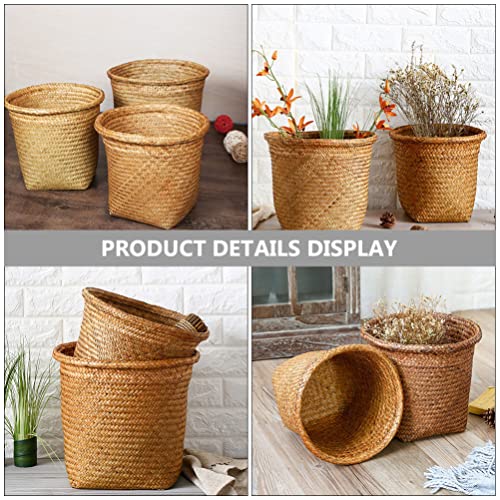 ARTIBETTER 2pcs Seagrass Waste Basket Woven Trash Can Garbage Container Bin Wicker Rattan Laundry Hamper Plant Pot Holder Sundries Storage Basket for Kitchen Bathroom Home Office