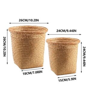 ARTIBETTER 2pcs Seagrass Waste Basket Woven Trash Can Garbage Container Bin Wicker Rattan Laundry Hamper Plant Pot Holder Sundries Storage Basket for Kitchen Bathroom Home Office