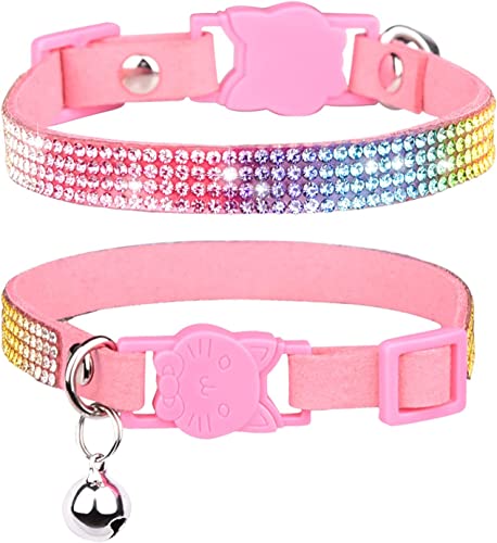 CHUKCHI Cat Collar Breakaway Bling Diamond Rhinestone with Bell Adjustable for Cats and Kitten Girl boy (Pink)