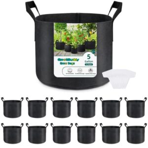 greatbuddy 12-pack grow bags 5 gallon, thick fabric planter bags for vegetables, sturdy handles & reinforced stitching, labels included, black